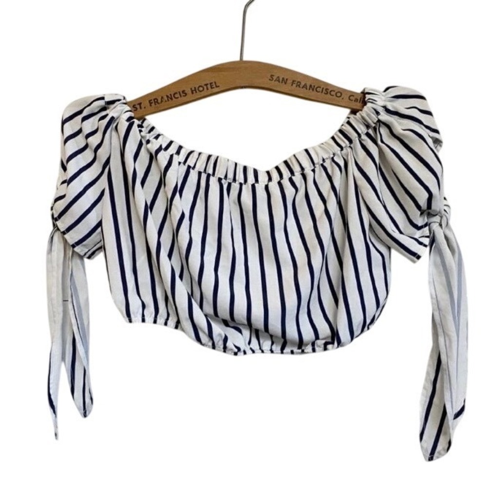 Forever XXI Striped Nautical Short Sleeve Off Shoulder‎ Peasant Crop Blouse